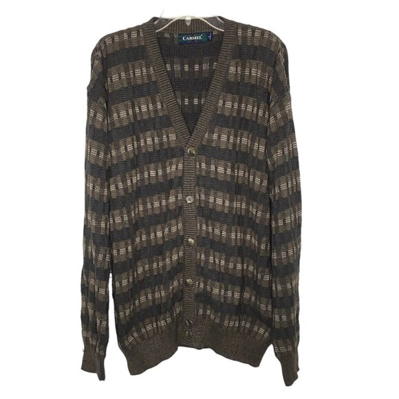 Vintage Carmel Golf Cardigan Sweater Men Large 5 Button Mr Rogers Grandpa V Neck - Picture 1 of 8